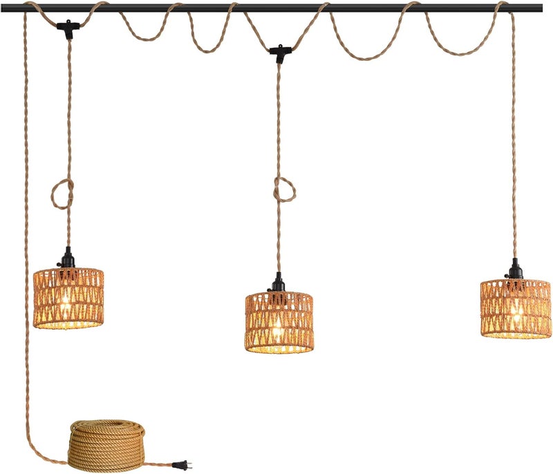 KENMI 3-Light Hanging Light with Plug in Cord,Plug in Pendant Light 22ft Hemp Rope Pendant Lighting Vintage 3-Light Hanging Lamp Fixtures for Kitchen Island Living Room Bedroom - Image 1